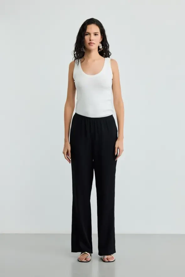 Elastic Waist Crinkle Pants - Black - 2