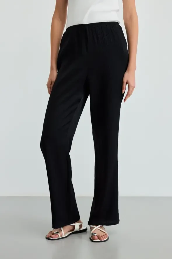 Elastic Waist Crinkle Pants - Black - 3