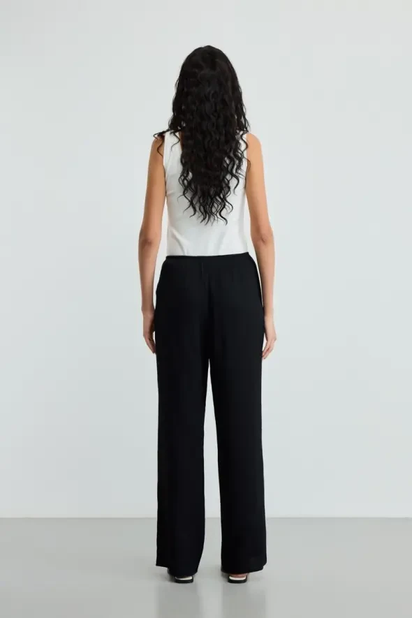 Elastic Waist Crinkle Pants - Black - 5