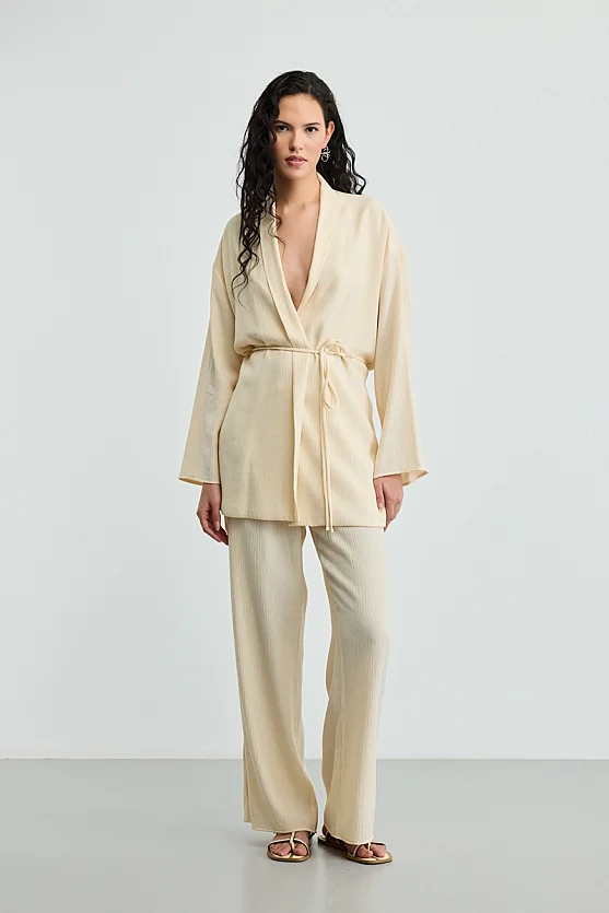 Elastic Waist Crinkle Trousers - Ecru - Gusto