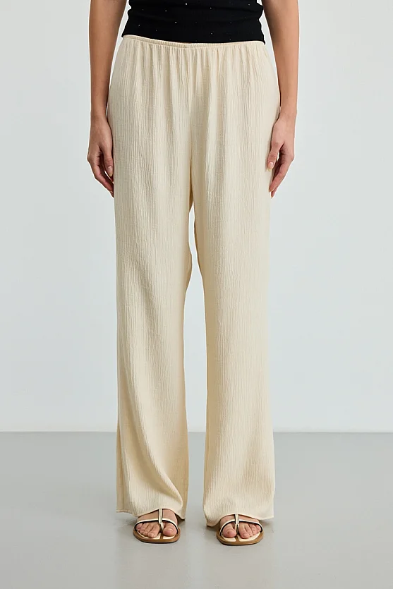 Elastic Waist Crinkle Trousers - Ecru - Gusto