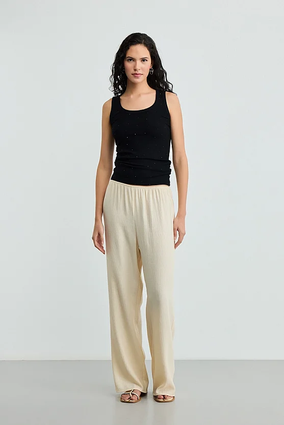 Elastic Waist Crinkle Trousers - Ecru - Gusto