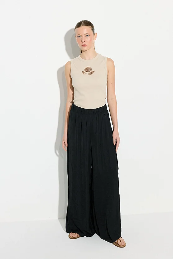 Elastic Waist Cupro Satin Wide Leg Trousers - Black - Gusto