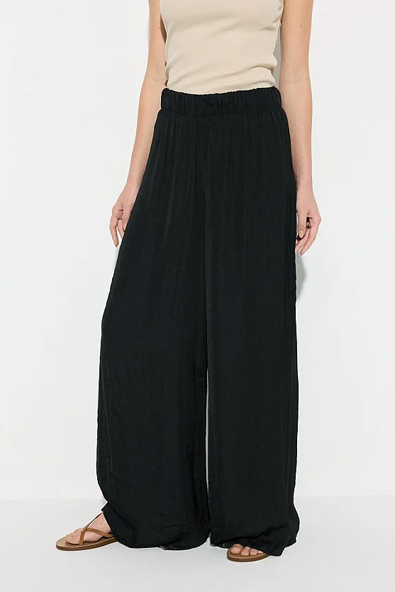 Elastic Waist Cupro Satin Wide Leg Trousers - Black - Gusto