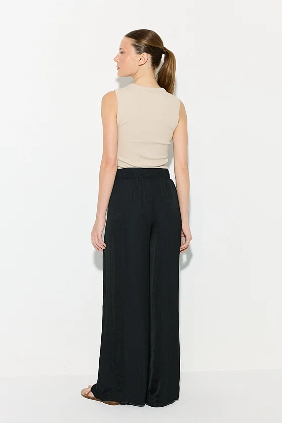 Elastic Waist Cupro Satin Wide Leg Trousers - Black - Gusto
