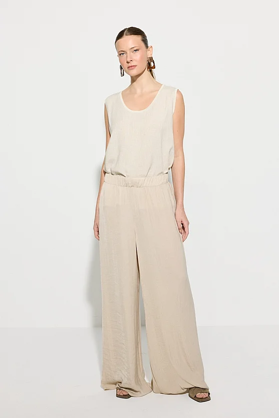 Elastic Waist Cupro Satin Wide Leg Trousers - Stone - Gusto