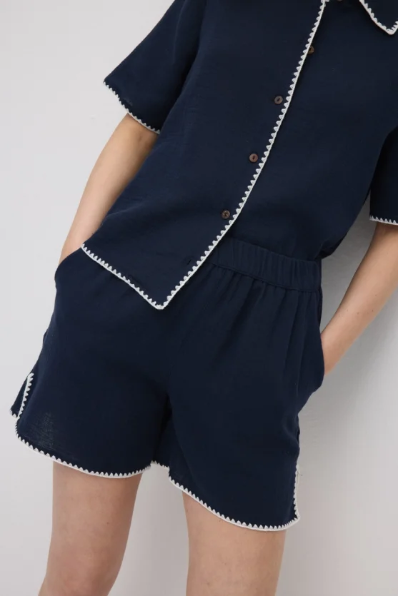 Elastic Waist Embroidered Muslin Cotton Shorts - Navy Blue - 5