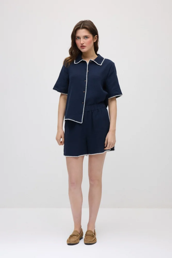 Elastic Waist Embroidered Muslin Cotton Shorts - Navy Blue - Gusto