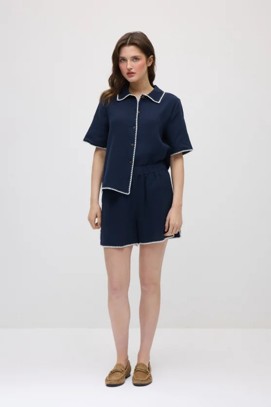 Elastic Waist Embroidered Muslin Cotton Shorts - Navy Blue - Gusto