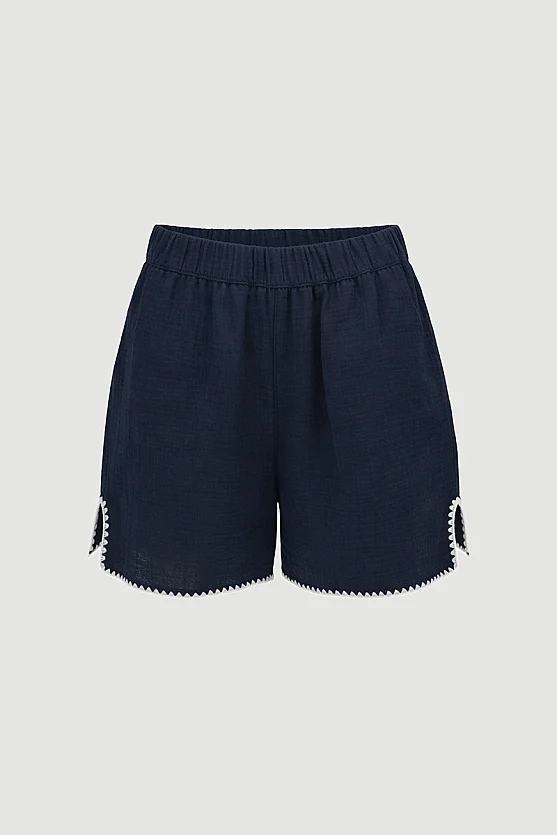 Elastic Waist Embroidered Muslin Cotton Shorts - Navy Blue - 7