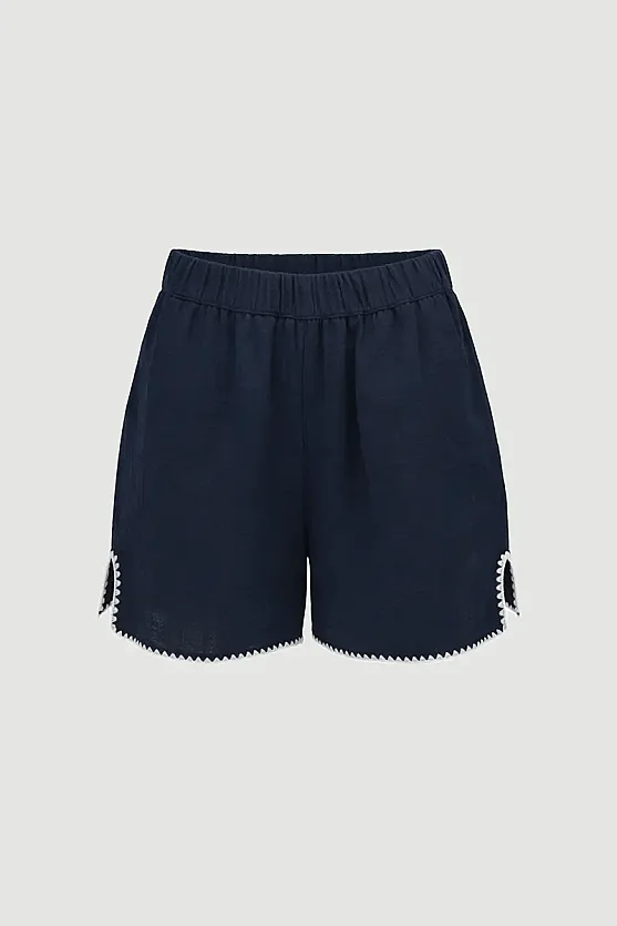 Elastic Waist Embroidered Muslin Cotton Shorts - Navy Blue - Gusto