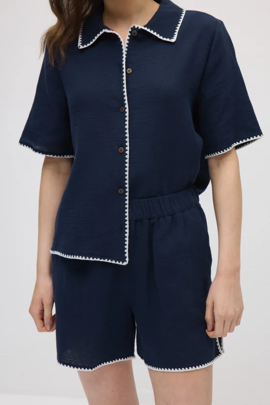 Elastic Waist Embroidered Muslin Cotton Shorts - Navy Blue - 2