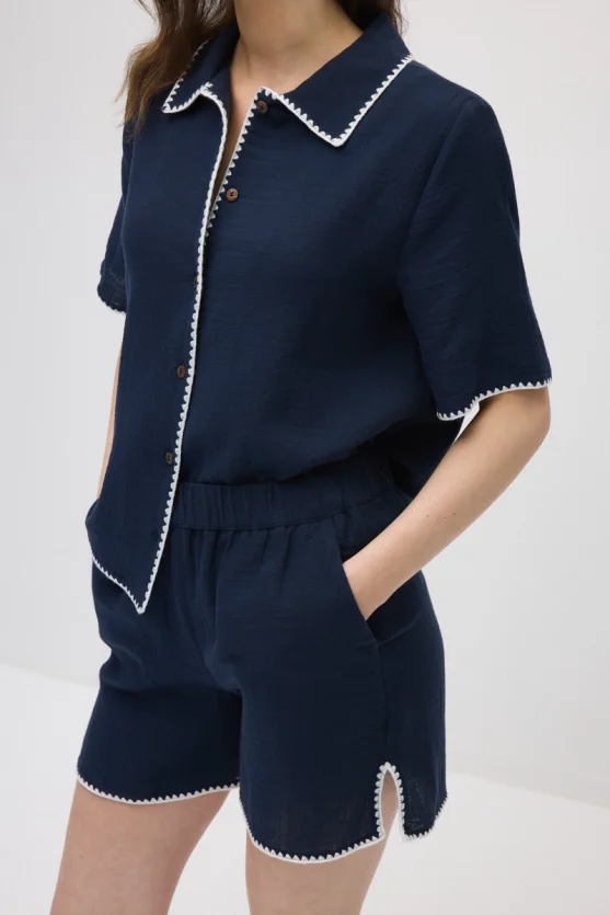 Elastic Waist Embroidered Muslin Cotton Shorts - Navy Blue - Gusto