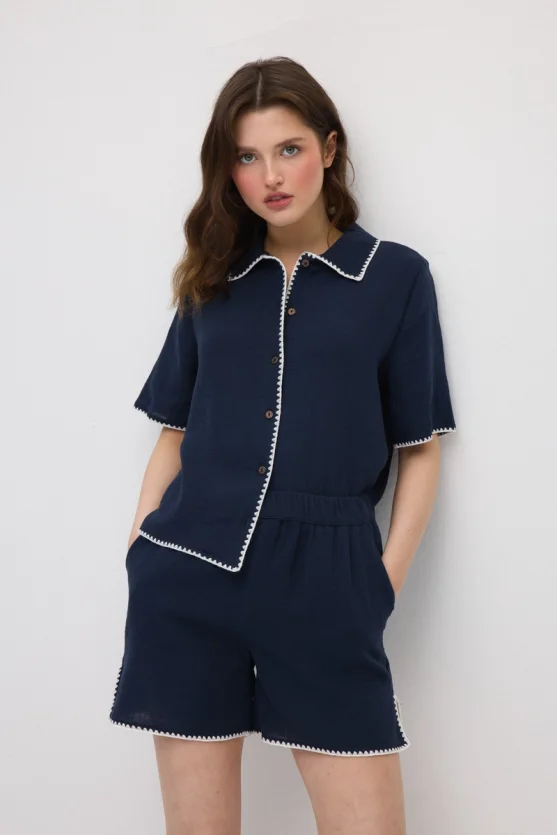 Elastic Waist Embroidered Muslin Cotton Shorts - Navy Blue - 3