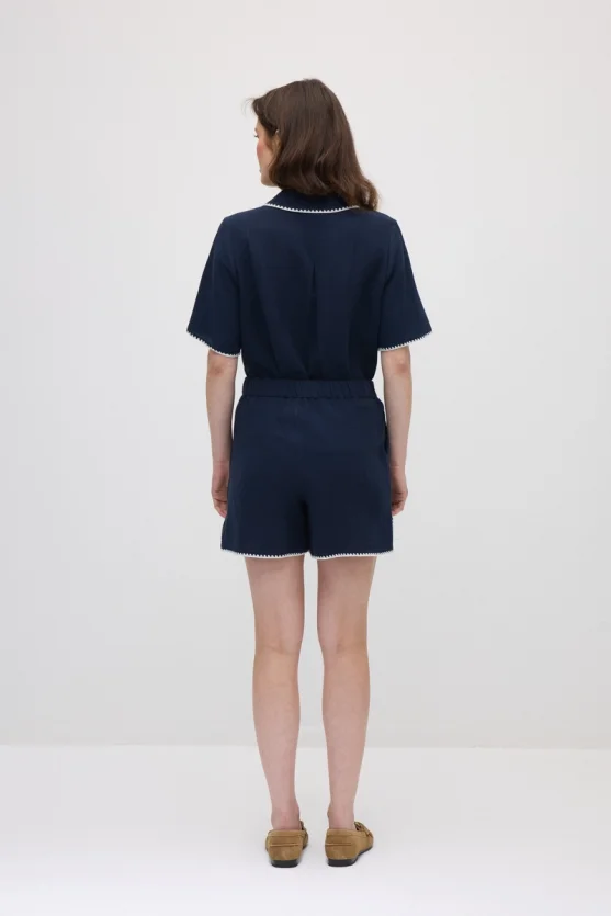 Elastic Waist Embroidered Muslin Cotton Shorts - Navy Blue - Gusto