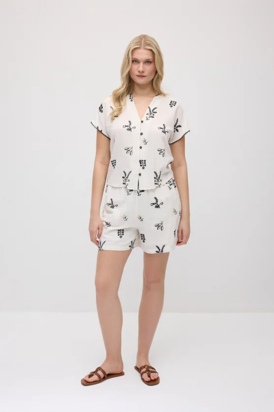 Elastic Waist Embroidered Viscose Linen Shorts - Ecru - 2