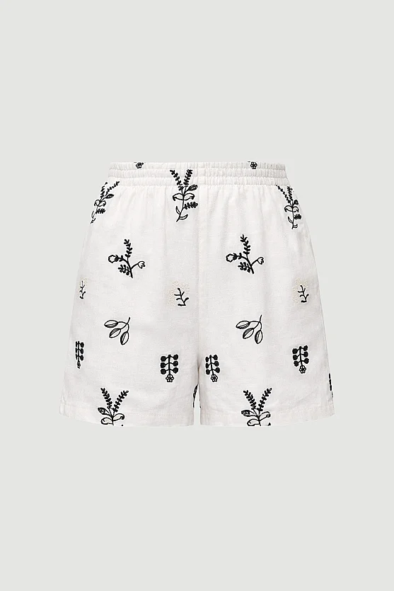 Elastic Waist Embroidered Viscose Linen Shorts - Ecru - 7