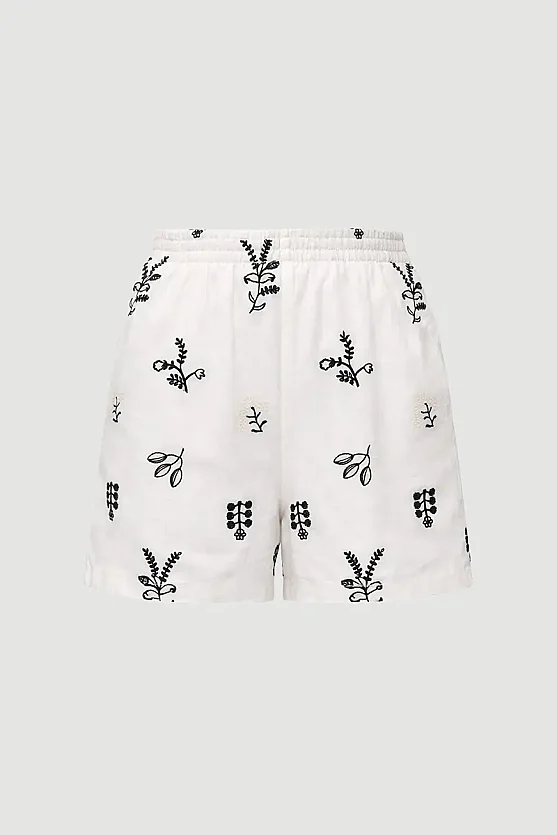Elastic Waist Embroidered Viscose Linen Shorts - Ecru - Gusto