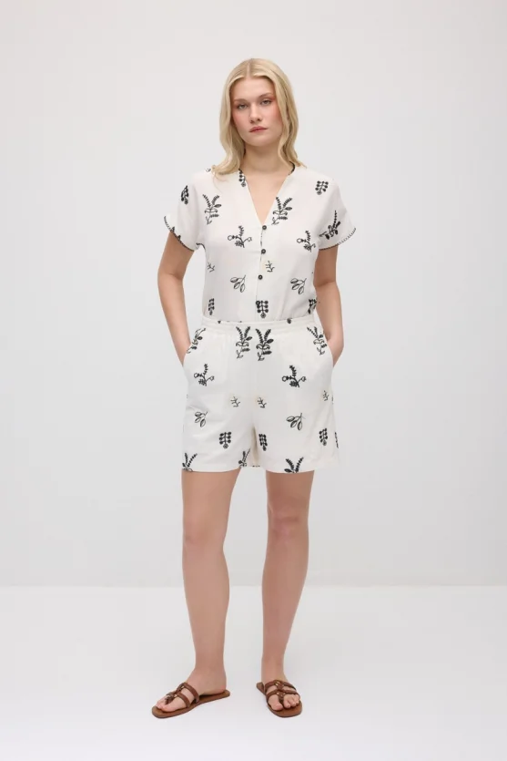 Elastic Waist Embroidered Viscose Linen Shorts - Ecru - 4