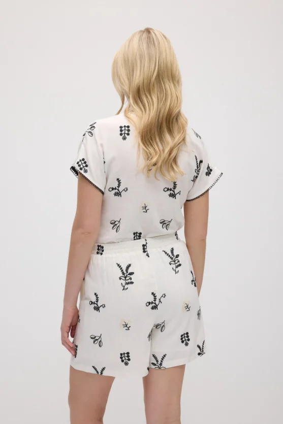 Elastic Waist Embroidered Viscose Linen Shorts - Ecru - 6