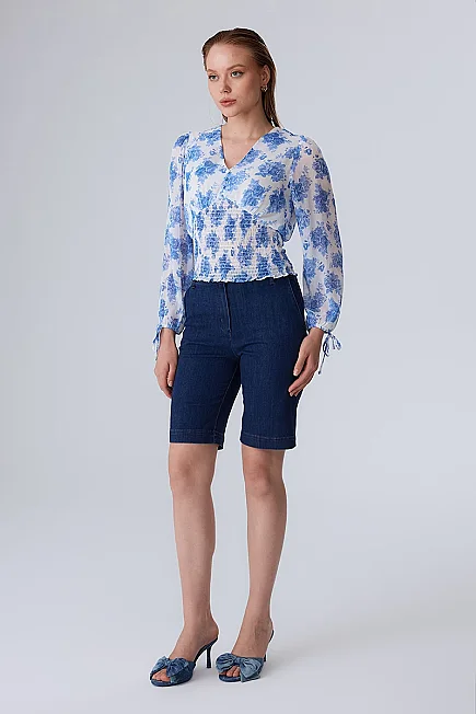 Elastic Waist Floral Print Blouse - Blue - 2
