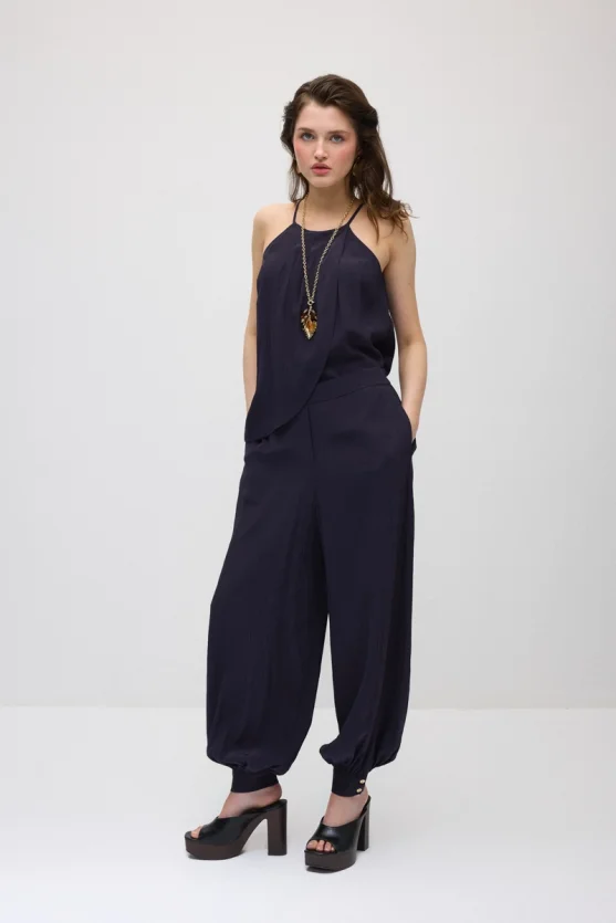 Elastic Waist Harem Pants - Navy Blue - 1
