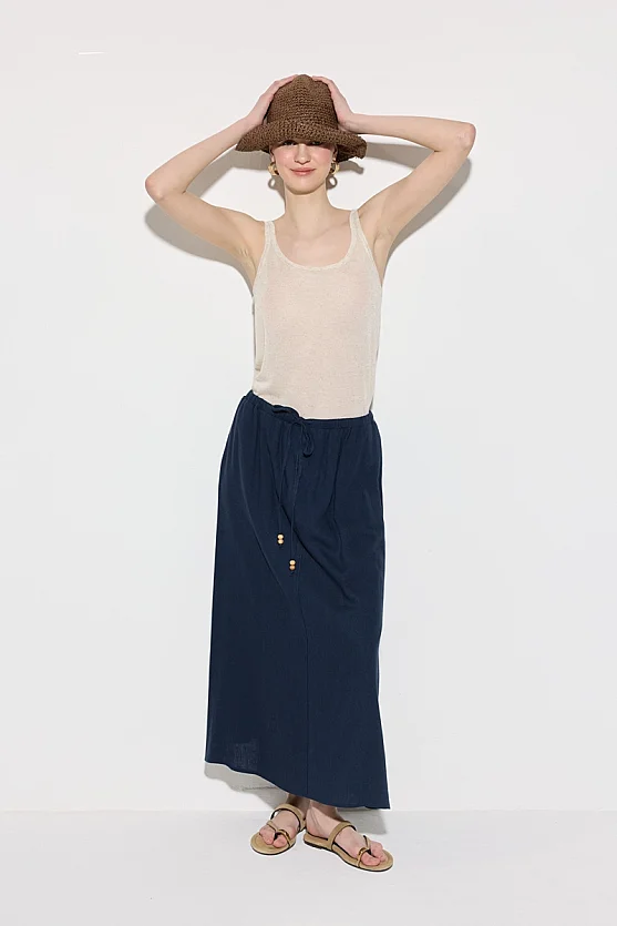 Elastic Waist Linen Long Relaxed Fit Skirt - Navy Blue - 4