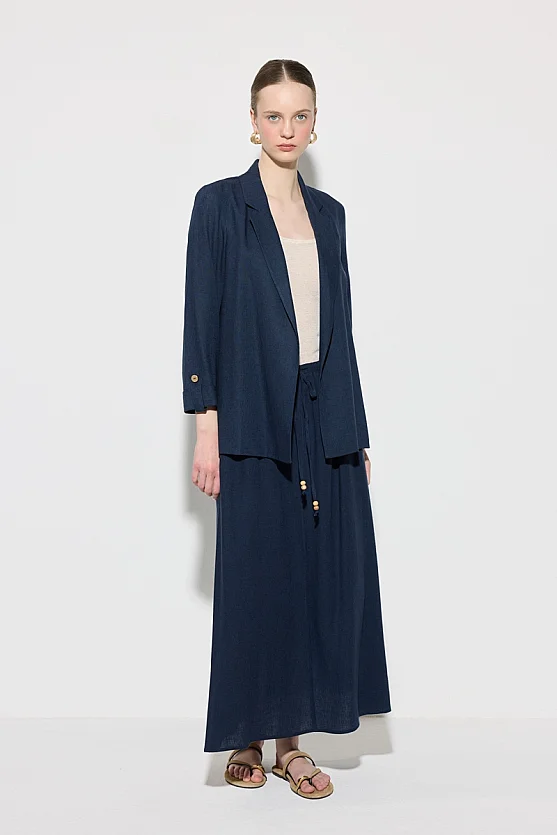 Elastic Waist Linen Long Relaxed Fit Skirt - Navy Blue - 3