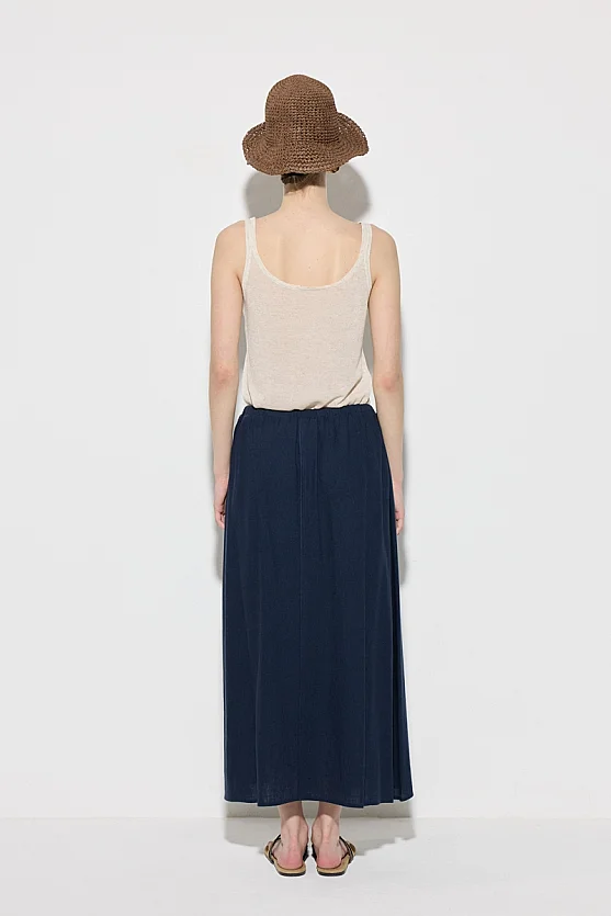 Elastic Waist Linen Long Relaxed Fit Skirt - Navy Blue - 7