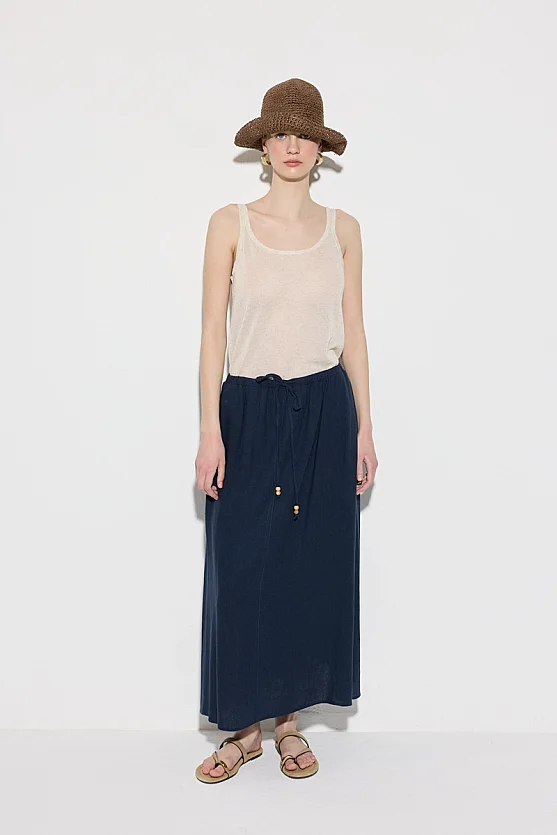 Elastic Waist Linen Long Relaxed Fit Skirt - Navy Blue - 5