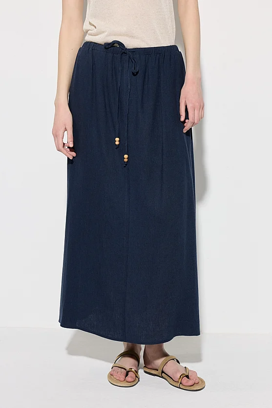 Elastic Waist Linen Long Relaxed Fit Skirt - Navy Blue - 2
