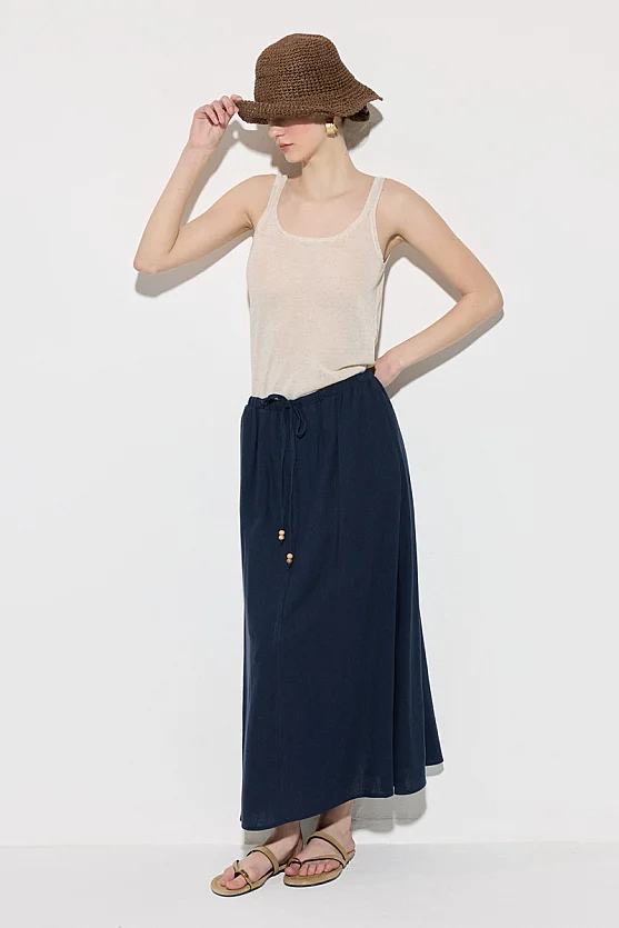 Elastic Waist Linen Long Relaxed Fit Skirt - Navy Blue - 1