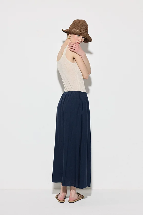 Elastic Waist Linen Long Relaxed Fit Skirt - Navy Blue - 6