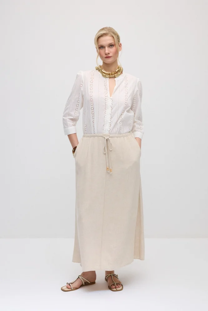 Elastic Waist Linen Long Relaxed Skirt - Beige Beige
