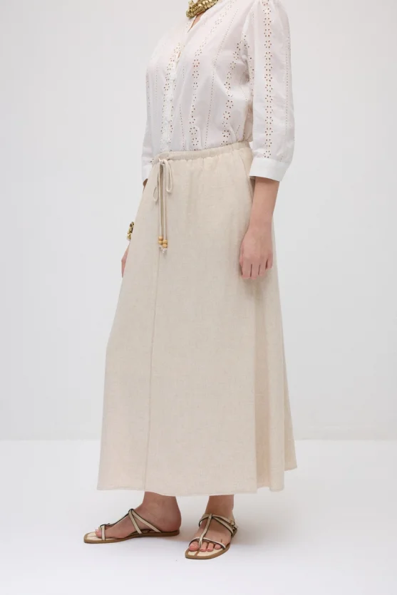 Elastic Waist Linen Long Relaxed Skirt - Beige - 2