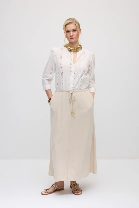 Elastic Waist Linen Long Relaxed Skirt - Beige - Gusto