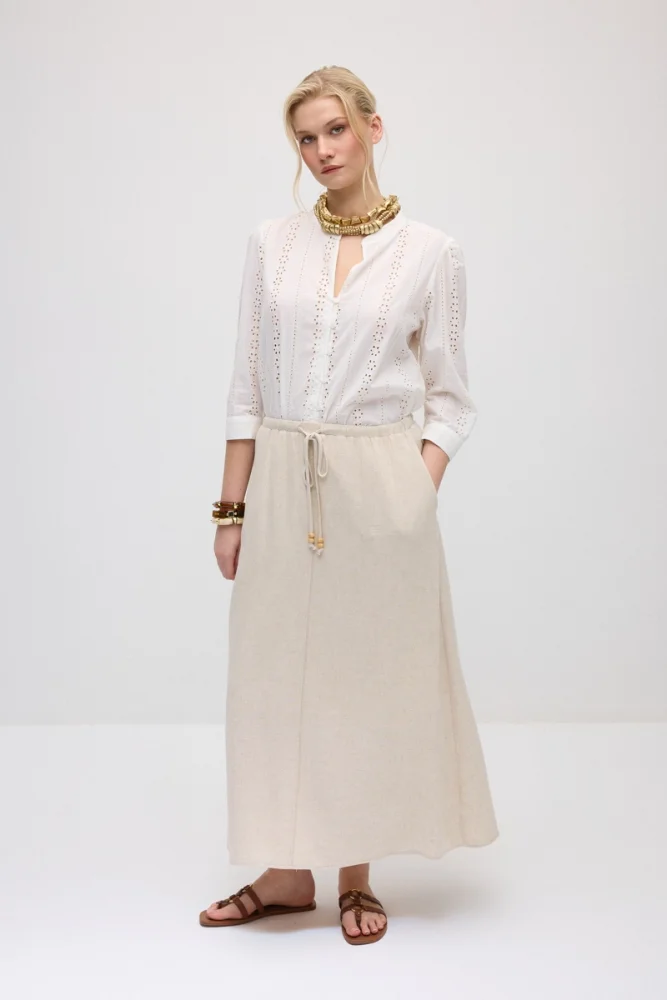 Elastic Waist Linen Long Relaxed Skirt - Beige Beige