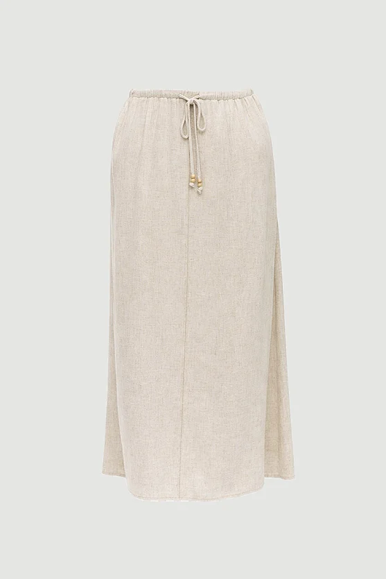 Elastic Waist Linen Long Relaxed Skirt - Beige - 5