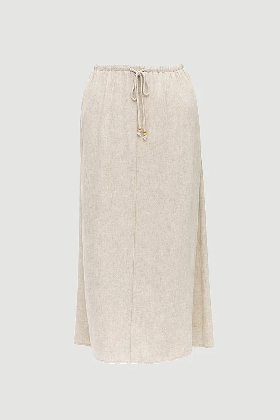 Elastic Waist Linen Long Relaxed Skirt - Beige - 5