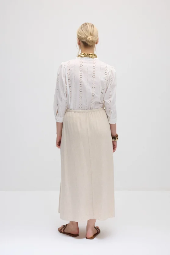 Elastic Waist Linen Long Relaxed Skirt - Beige - Gusto