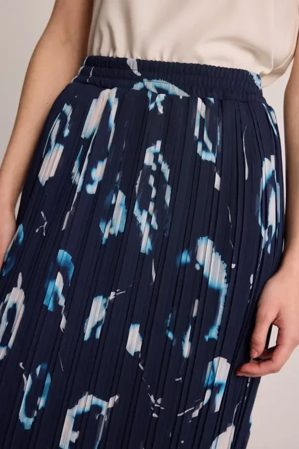 Elastic Waist Long Pleated Skirt - Navy Blue - 3