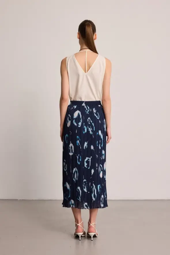Elastic Waist Long Pleated Skirt - Navy Blue - 5
