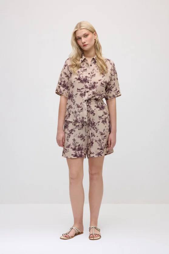 Elastic Waist Patterned Viscose Shorts - Beige - 3