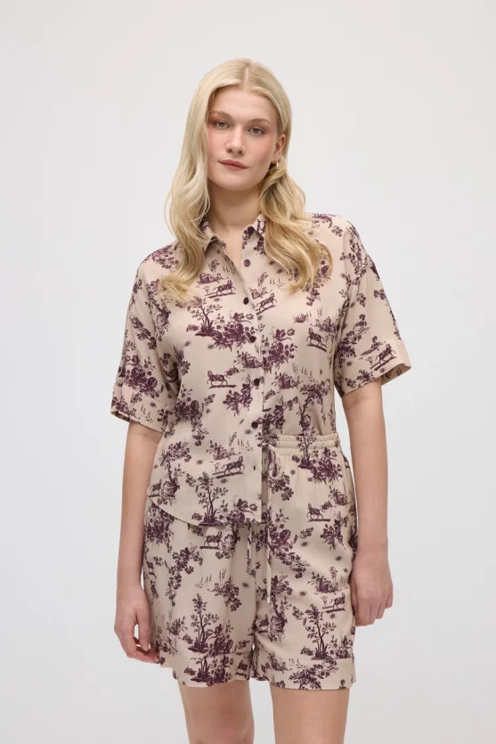 Elastic Waist Patterned Viscose Shorts - Beige - 1