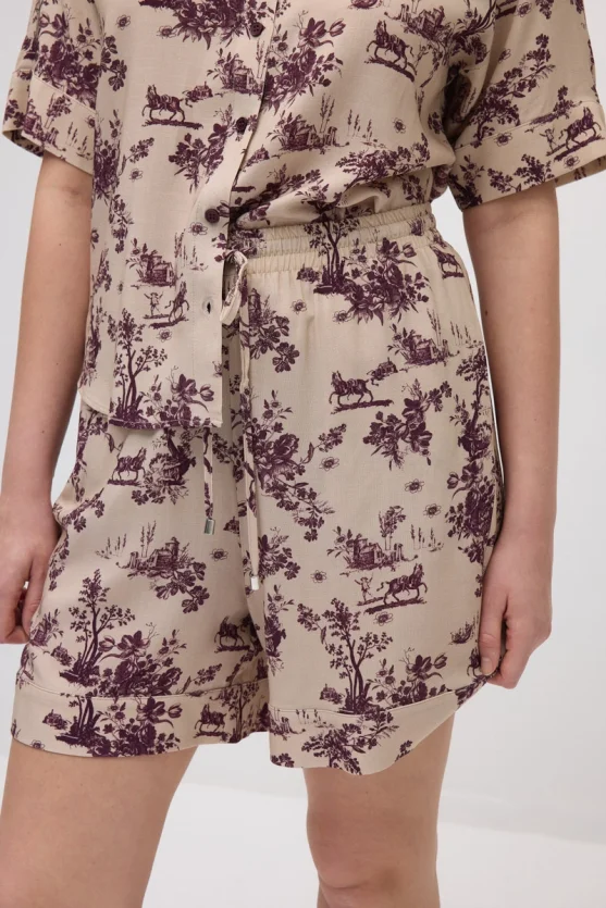 Elastic Waist Patterned Viscose Shorts - Beige - Gusto