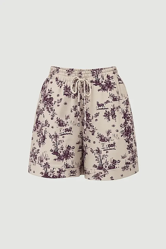 Elastic Waist Patterned Viscose Shorts - Beige - Gusto