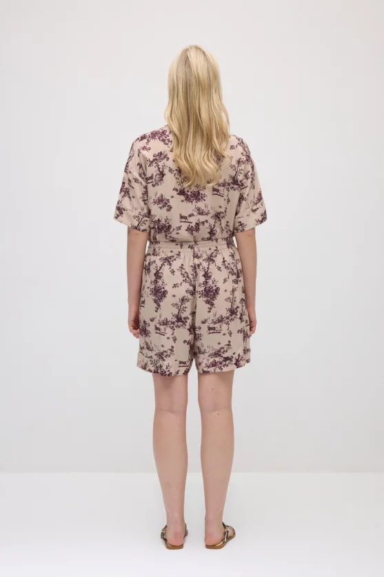 Elastic Waist Patterned Viscose Shorts - Beige - Gusto