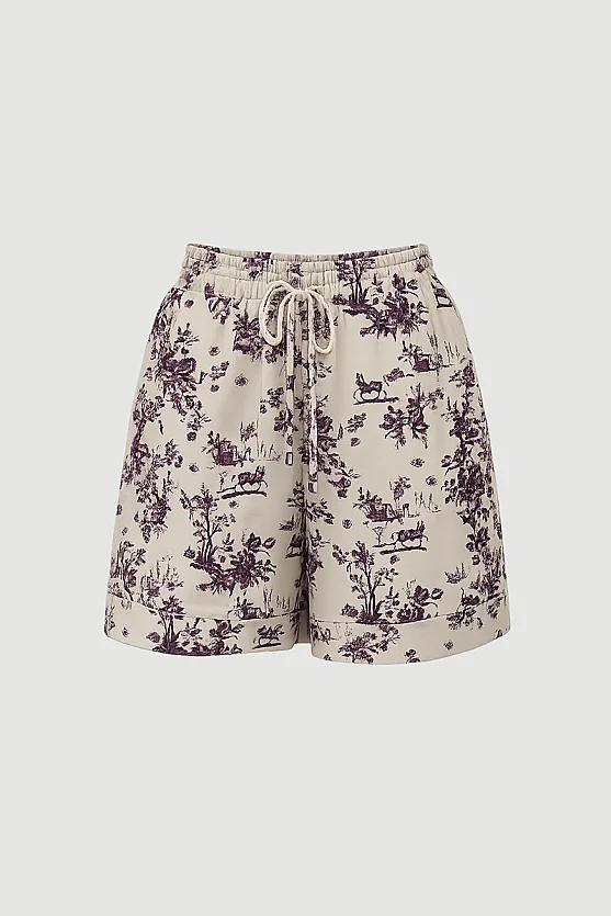 Elastic Waist Patterned Viscose Shorts - Beige - 5