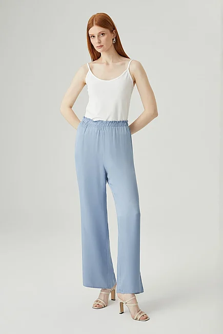 Elastic Waist Satin Trousers - Blue - Gusto