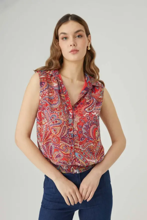 Elastic Waist Scarf Pattern Blouse - Red - 1
